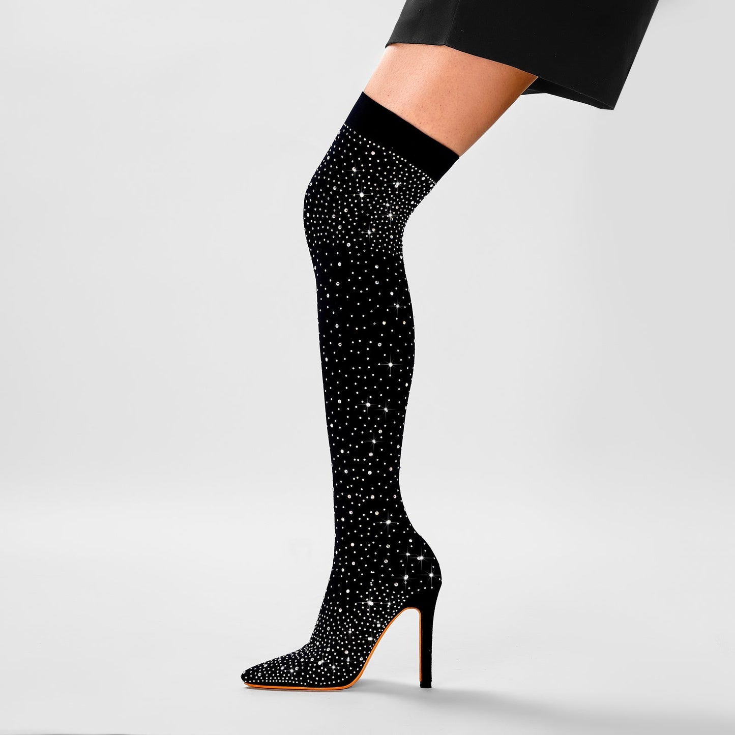 Gem Encrusted Black Thigh High Sock Boots-2