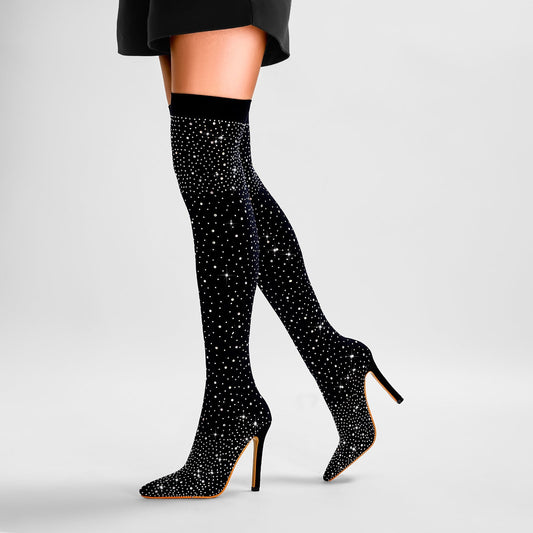 Gem Encrusted Black Thigh High Sock Boots-0