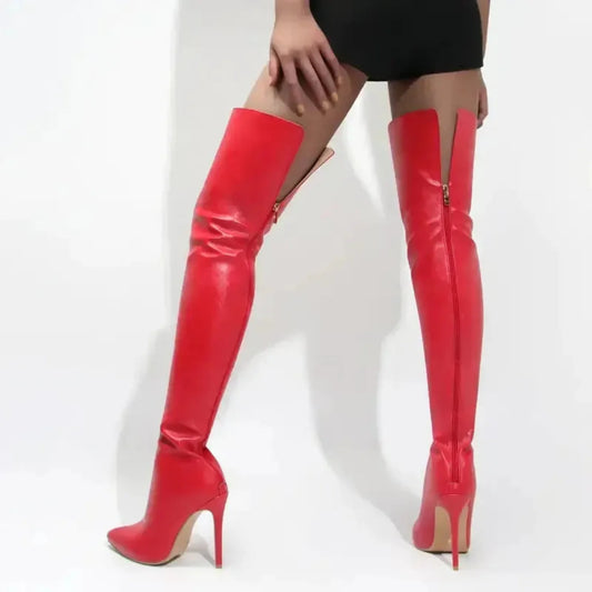 High Heels Red Over The Knee Boots With Back Zip-0